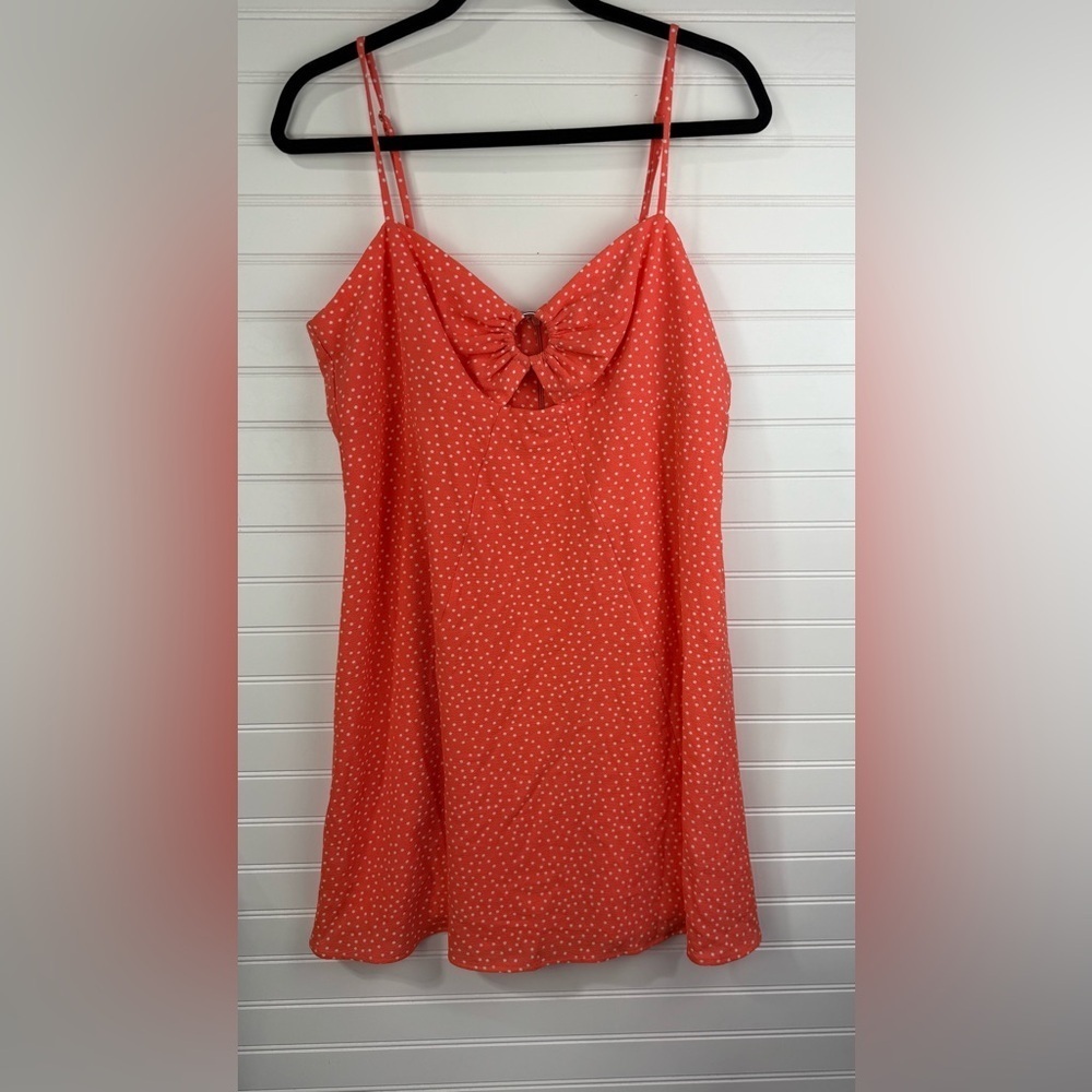 Bar III juniors orange and white spaghetti strap polka dot mini dress. Size L - Picture 1 of 6